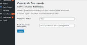 Página de administración de WordPress permite indicar a qué páginas cambiar la contraseña y a quién enviar un email