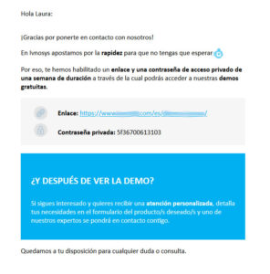 Email que se envía al cliente automáticamente con la contraseña vigente