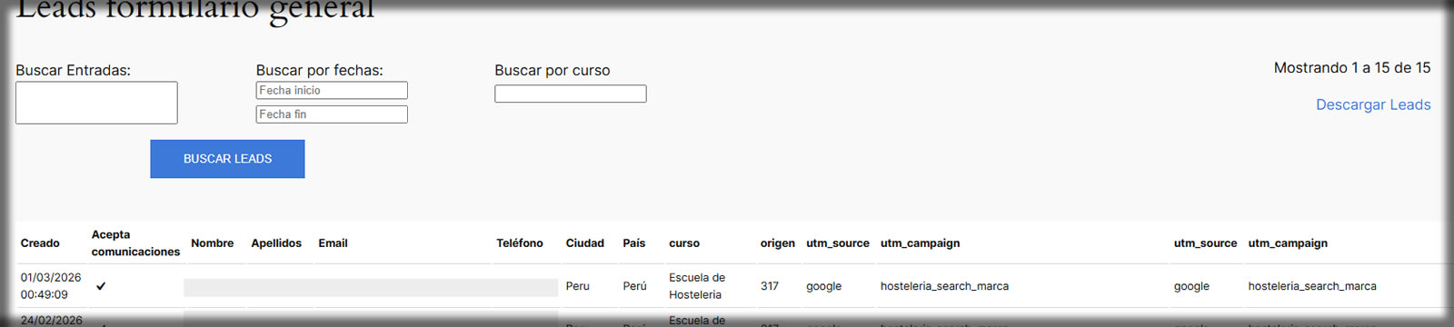 pagina con leads recibidos en formularios web